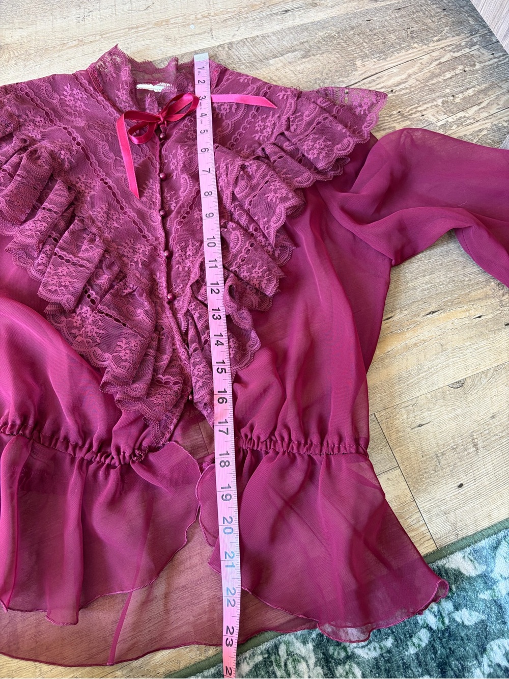 Vintage Maroon Sheer Victorian Ornamental Lace Ruffle Blouse *See Measurements* - Picture 4 of 10